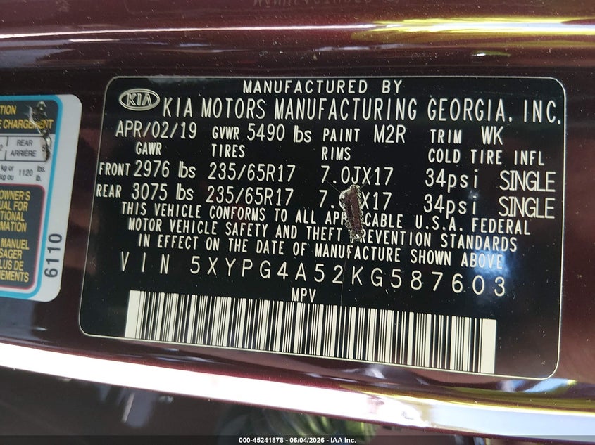 2019 Kia Sorento VIN 5XYPG4A52KG587603 IAAI salvage auction — RIGHT FRONT, Salvage (Tennessee), sold $1,900 on 2026-07-30 (photo 9)