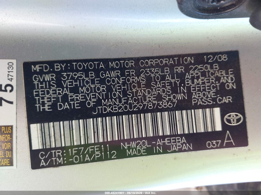 2009 Toyota Prius VIN JTDKB20U297873867 IAAI salvage auction — NORMAL WEAR, Clear (Washington), sold $725 on 2026-07-29 (photo 9)