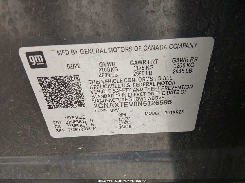 2022 Chevrolet Equinox VIN 2GNAXTEV0N6126595 IAAI salvage auction — STORM DAMAGE, Salvage Title, sold $2,950 on 2026-07-18 (photo 9)