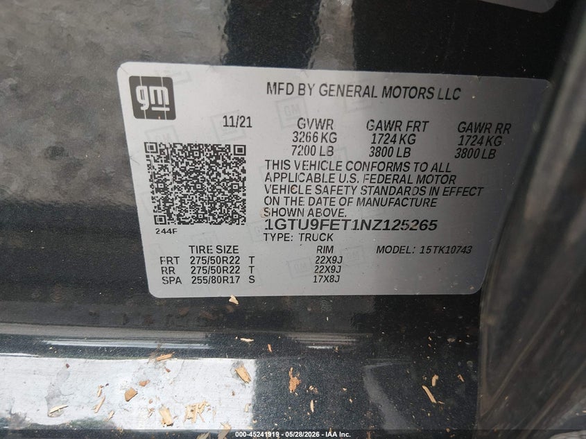 2022 Gmc VIN 1GTU9FET1NZ125265 IAAI salvage auction — ROOF, Salvage Title, sold $8,000 on 2026-07-27 (photo 9)
