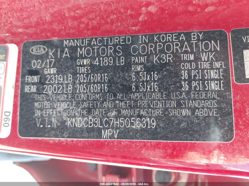 2017 Kia Niro VIN KNDCB3LC7H5056319 IAAI salvage auction — NORMAL WEAR, Original (Ohio), sold $1,100 on 2026-07-28 (photo 9)