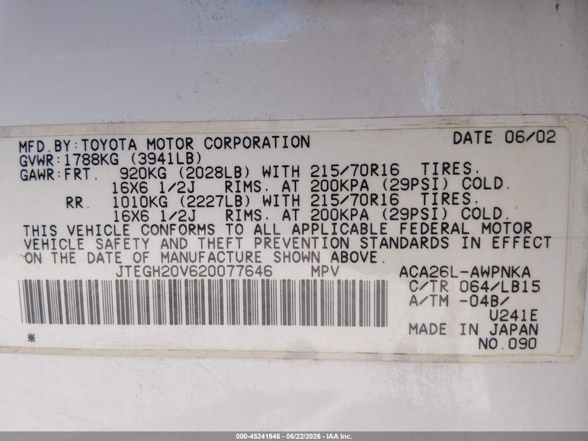2002 Toyota Rav4 VIN JTEGH20V620077646 IAAI salvage auction — ROLLOVER, Salvage (California), sold $625 on 2026-07-13 (photo 9)