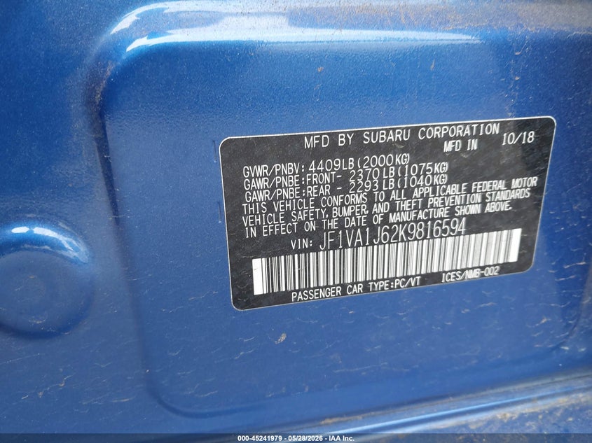 2019 Subaru Wrx VIN JF1VA1J62K9816594 IAAI salvage auction — REAR END, Salvage (California), sold $4,800 on 2026-07-16 (photo 9)