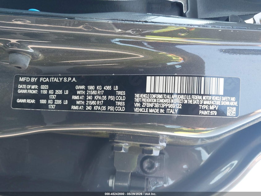 2023 Fiat 500x VIN ZFBNF3B13PP989122 IAAI salvage auction — SIDE, Salvage Title, sold $4,850 on 2026-08-02 (photo 9)