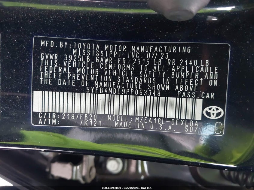 2023 Toyota Corolla VIN 5YFB4MDE9PP063348 IAAI salvage auction — FRONT END, Salvage Title, sold $5,100 on 2026-07-07 (photo 9)