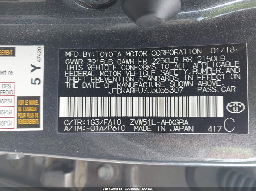 2018 Toyota Prius VIN JTDKARFU7J3055307 IAAI salvage auction — FRONT END, Salvage Title, sold $4,650 on 2026-07-13 (photo 9)