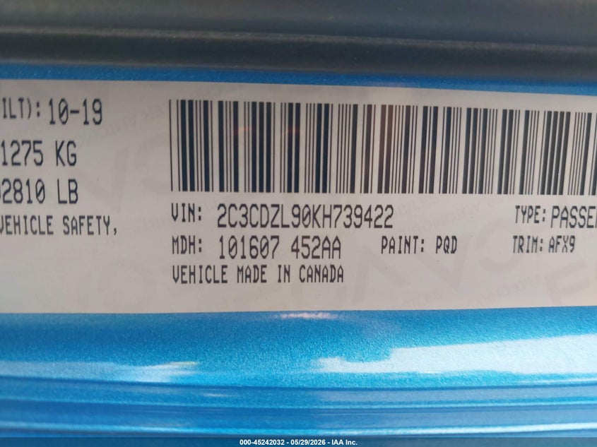 2019 Dodge Challenger VIN 2C3CDZL90KH739422 IAAI salvage auction — Rear End, Salvage (California), sold $34,200 on 2026-06-24 (photo 9)