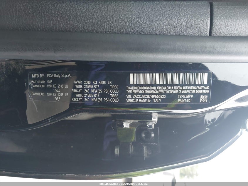2017 Jeep Renegade VIN ZACCJBCB7HPE55923 IAAI salvage auction — FRONT END, Salvage Title, sold $1,275 on 2026-07-29 (photo 9)
