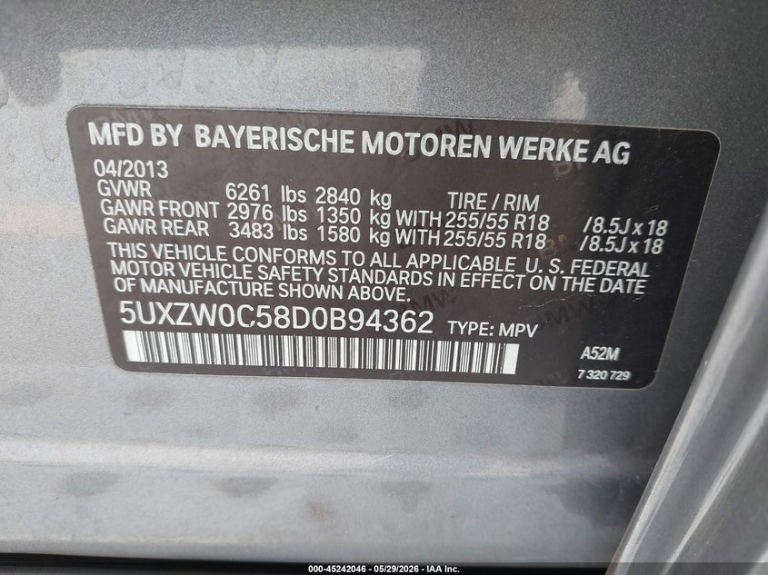 2013 BMW X5 VIN 5UXZW0C58D0B94362 IAAI salvage auction — REAR END, Salvage Title, sold $2,300 on 2026-07-08 (photo 9)
