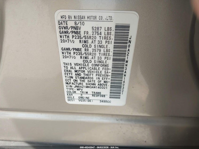 2010 Nissan Murano VIN JN8AZ1MW3AW140321 IAAI salvage auction — FRONT END, Prior Salvage (Minnesota), sold $1,250 on 2026-07-16 (photo 9)