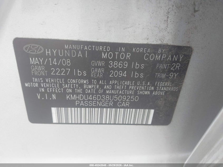 2008 Hyundai Elantra VIN KMHDU46D38U509250 IAAI salvage auction — LEFT FRONT, Salvage (Oregon), sold $500 on 2026-07-09 (photo 9)