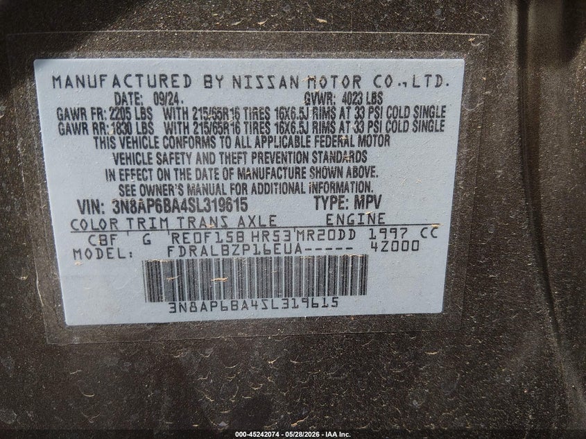 2025 Nissan Kicks VIN 3N8AP6BA4SL319615 IAAI salvage auction — HAIL, Salvage Title, sold $8,700 on 2026-07-24 (photo 9)