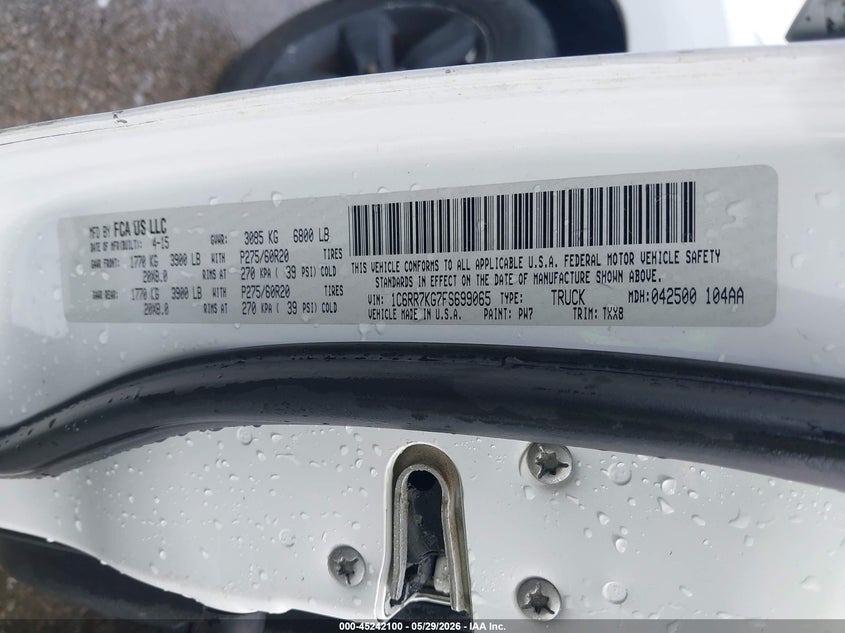 2015 Ram 1500 VIN 1C6RR7KG7FS699065 IAAI salvage auction — FRONT END, Salvage Title, sold $475 on 2026-07-28 (photo 9)
