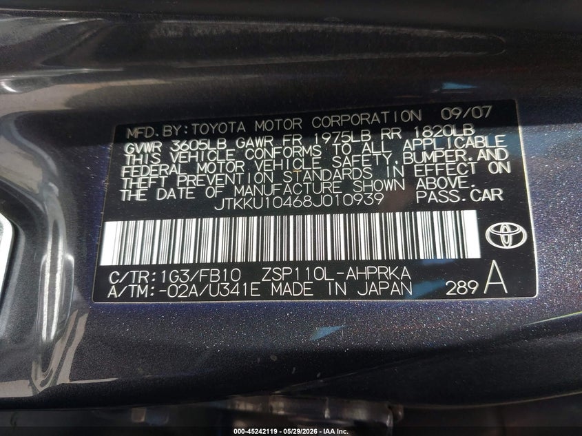 2008 Scion Xd VIN JTKKU10468J010939 IAAI salvage auction — LEFT SIDE, Salvage (California), sold $1,200 on 2026-07-15 (photo 9)