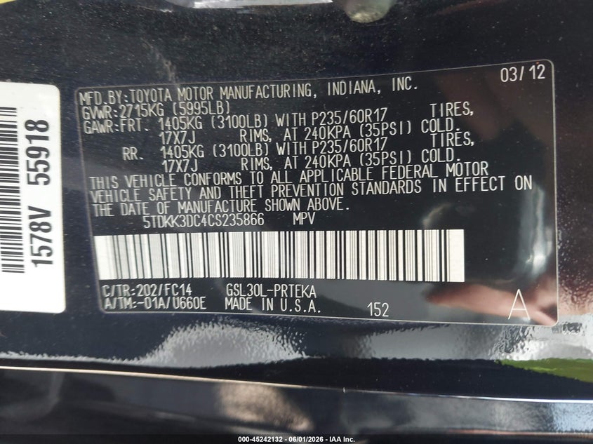 2012 Toyota Sienna VIN 5TDKK3DC4CS235866 IAAI salvage auction — LEFT FRONT, Salvage (Pennsylvania), sold $2,150 on 2026-07-29 (photo 9)