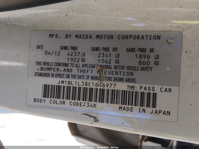 2012 Mazda 3 VIN JM1BL1L38C1646977 IAAI salvage auction — RIGHT FRONT, Salvage Title, sold $425 on 2026-07-10 (photo 9)