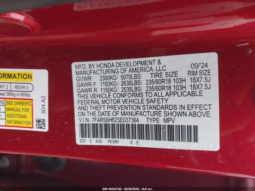 2025 Honda VIN 7FARS6H82SE037364 IAAI salvage auction — HAIL, Salvage Title, sold $17,025 on 2026-07-06 (photo 9)