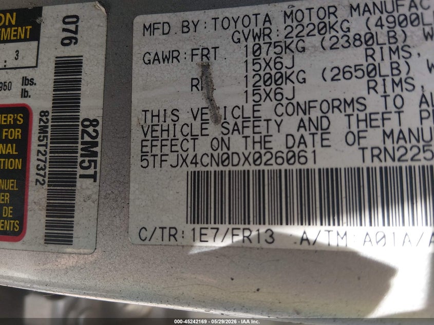 2013 Toyota Tacoma VIN 5TFJX4CN0DX026061 IAAI salvage auction — Burn Interior, Junk Receipt (North Carolina), sold $2,150 on 2026-07-08 (photo 9)