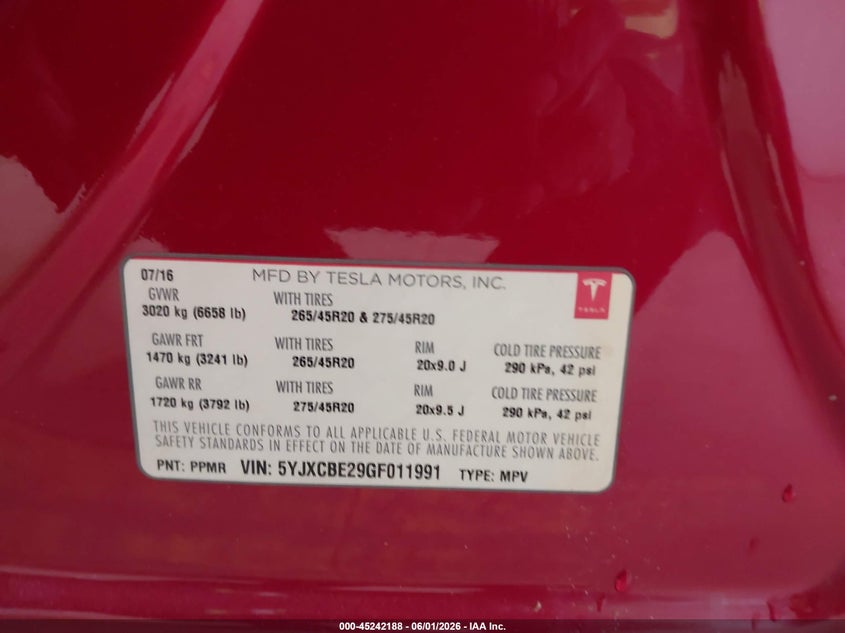 2016 Tesla Model x VIN 5YJXCBE29GF011991 IAAI salvage auction — RIGHT FRONT, Salvage (North Carolina), sold $6,100 on 2026-07-09 (photo 9)