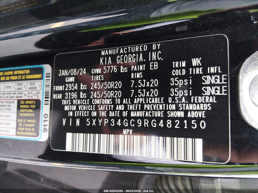 2024 Kia Telluride VIN 5XYP34GC9RG482150 IAAI salvage auction — LEFT FRONT, Salvage Title, sold $11,275 on 2026-07-29 (photo 9)