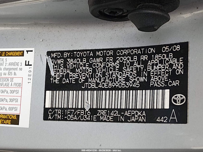 2009 Toyota Corolla VIN JTDBL40E899053945 IAAI salvage auction — FRONT END, Bill Of Sale (Washington), sold $525 on 2026-07-22 (photo 9)
