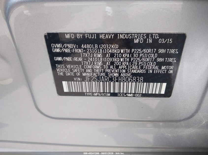 2015 Subaru Forester VIN JF2SJARC3FH806838 IAAI salvage auction — FRONT END, Salvage (North Carolina), sold $1,250 on 2026-07-08 (photo 9)