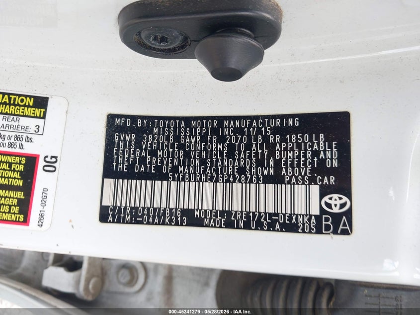 2016 Toyota Corolla VIN 5YFBURHE7GP428763 IAAI salvage auction — RIGHT FRONT, Salvage Title, sold $1,850 on 2026-07-22 (photo 9)