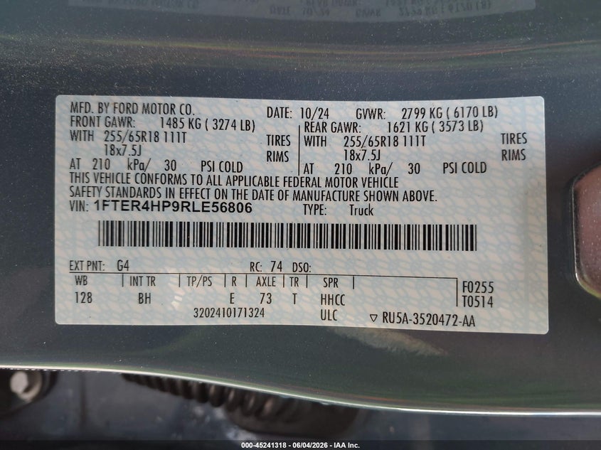 2024 Ford Ranger VIN 1FTER4HP9RLE56806 IAAI salvage auction — FRONT END, Salvage Title, sold $14,950 on 2026-08-19 (photo 9)