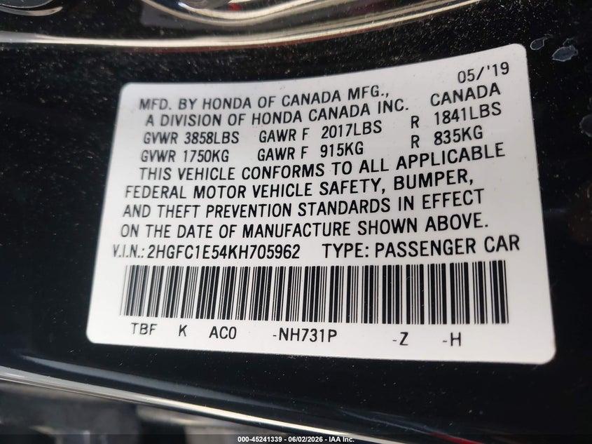 2019 Honda Civic VIN 2HGFC1E54KH705962 IAAI salvage auction — FRONT END, Salvage Title, sold $5,100 on 2026-07-24 (photo 9)