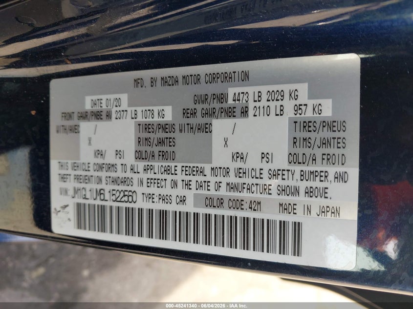 2020 Mazda 6 VIN JM1GL1UM6L1522560 IAAI salvage auction — FRONT END, Salvage Title, sold $1,450 on 2026-07-23 (photo 9)