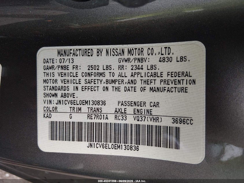 2014 Infiniti Q60 VIN JN1CV6EL0EM130836 IAAI salvage auction — UNDERCARRIAGE, Clear (Tennessee), sold $3,900 on 2026-07-29 (photo 9)
