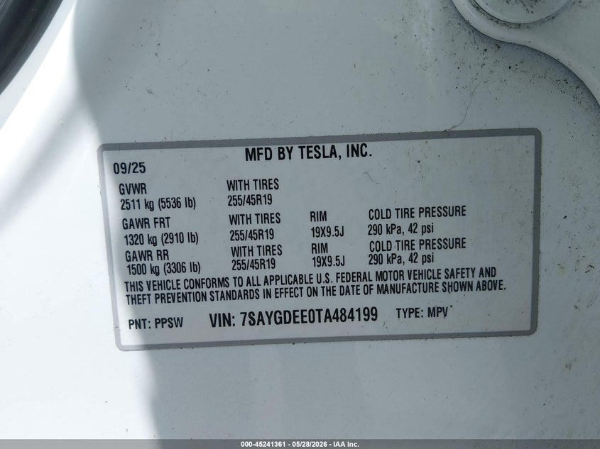 2026 Tesla Model y VIN 7SAYGDEE0TA484199 IAAI salvage auction — FRONT END, Salvage Title, sold $16,600 on 2026-07-23 (photo 9)