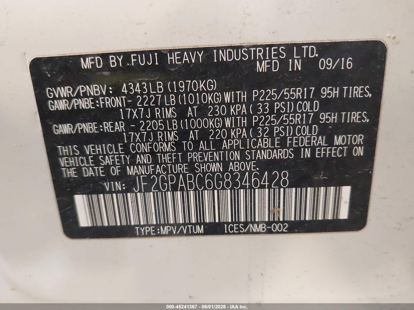 2016 Subaru Xv VIN JF2GPABC6G8346428 IAAI salvage auction — FRONT END, Clear (Michigan), sold $725 on 2026-07-21 (photo 9)