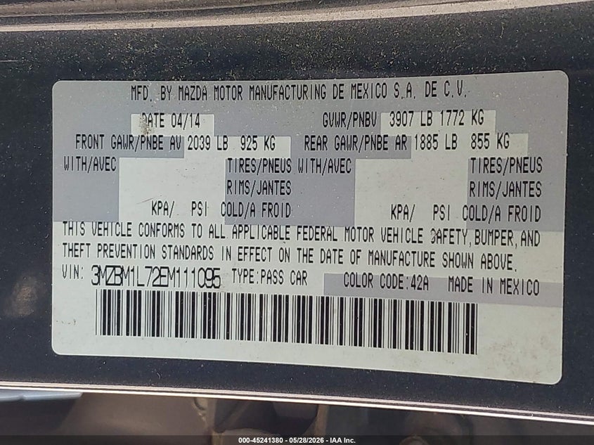 2014 Mazda VIN 3MZBM1L72EM111095 IAAI salvage auction — LEFT SIDE, Salvage Title, sold $2,600 on 2026-07-24 (photo 9)