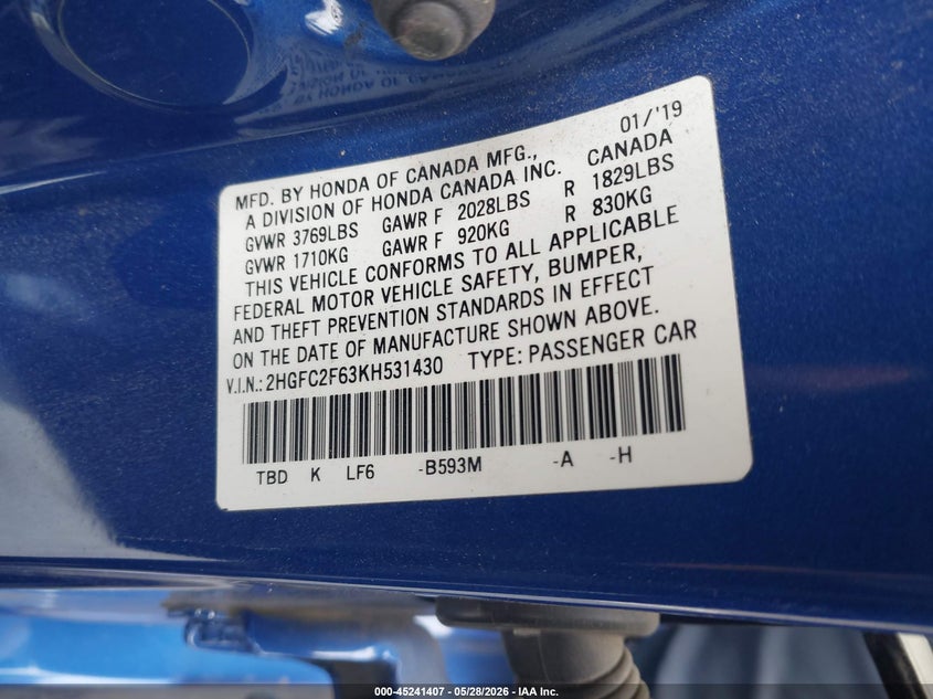 2019 Honda Civic VIN 2HGFC2F63KH531430 IAAI salvage auction — FRONT END, Salvage Title, sold $900 on 2026-07-22 (photo 9)