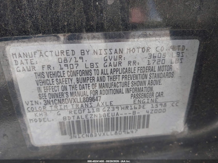 2020 Nissan Versa VIN 3N1CN8DVXLL809647 IAAI salvage auction — FRONT & REAR, Certificate Of Destruction (Florida), sold $275 on 2026-07-17 (photo 9)