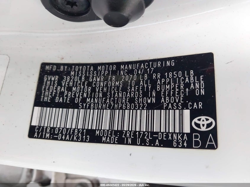 2017 Toyota Corolla VIN 5YFBURHE7HP680322 IAAI salvage auction — FRONT END, Salvage Title, sold $1,850 on 2026-07-22 (photo 9)