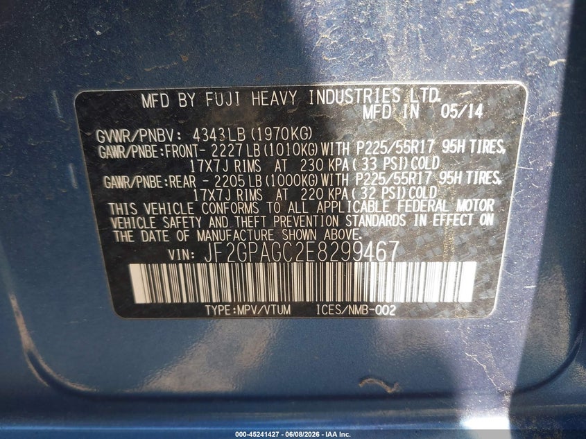 2014 Subaru Xv VIN JF2GPAGC2E8299467 IAAI salvage auction — SIDE, Salvage (Massachusetts), sold $2,000 on 2026-07-24 (photo 9)