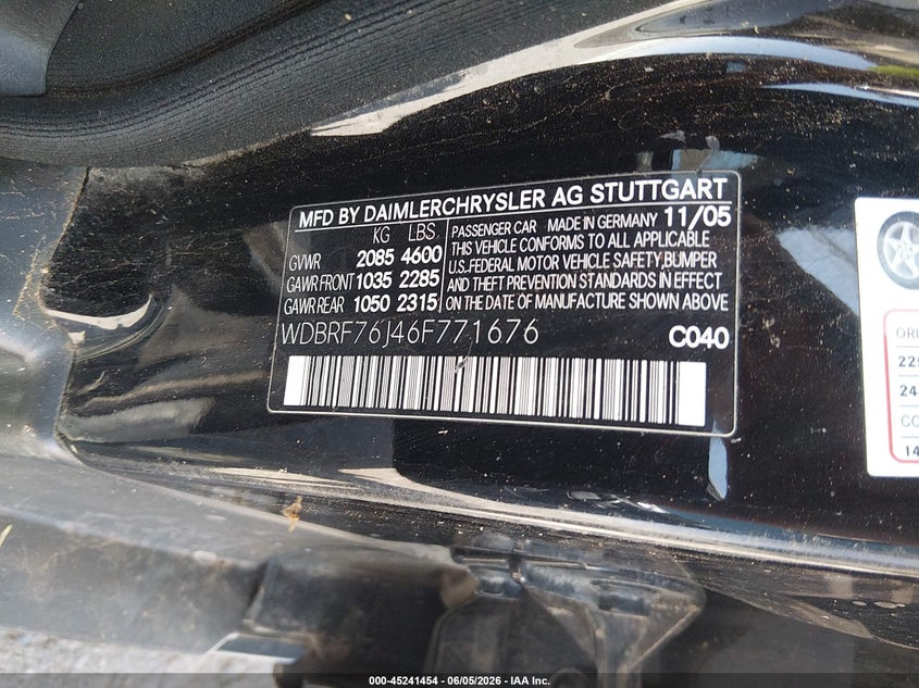 2006 Mercedes-benz C-klasse amg VIN WDBRF76J46F771676 IAAI salvage auction — ROLLOVER, Salvage (New Mexico), sold $225 on 2026-07-06 (photo 9)