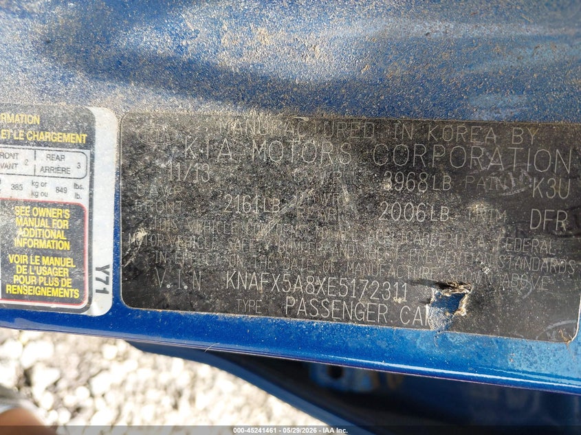 2014 Kia Forte VIN KNAFX5A8XE5172311 IAAI salvage auction — FRONT & REAR, Salvage (North Carolina), sold $375 on 2026-07-31 (photo 9)