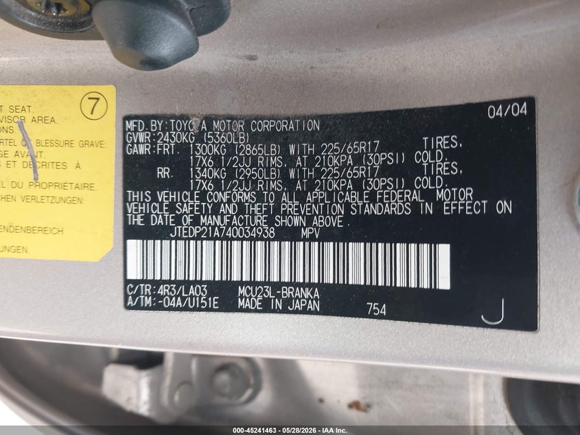 2004 Toyota Highlander VIN JTEDP21A740034938 IAAI salvage auction — RIGHT SIDE, Salvage (California), sold $600 on 2026-07-16 (photo 9)