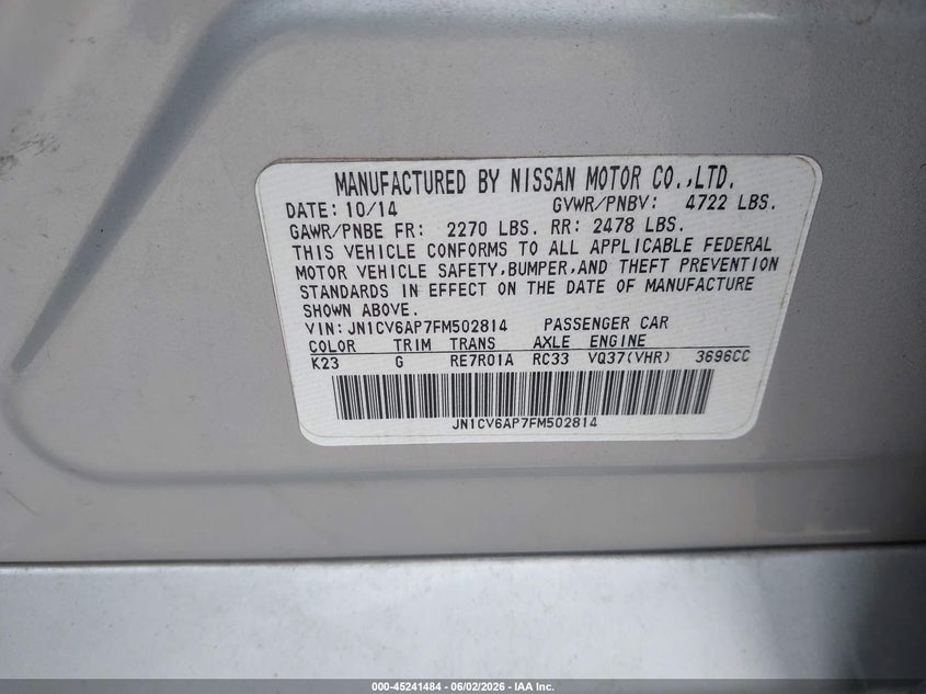 2015 Infiniti Q40 VIN JN1CV6AP7FM502814 IAAI salvage auction — LEFT FRONT, Salvage Title, sold $475 on 2026-07-15 (photo 9)