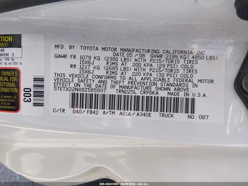 2008 Toyota Tacoma VIN 5TETX22NX8Z585937 IAAI salvage auction — LEFT & RIGHT, Salvage (Kentucky), sold $2,050 on 2026-07-06 (photo 9)