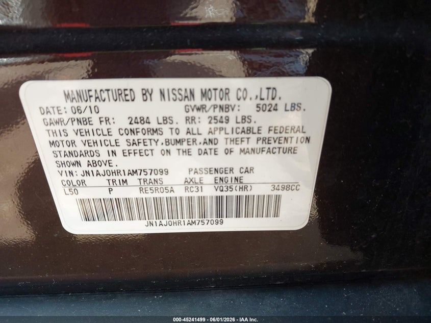2010 Infiniti Ex35 VIN JN1AJ0HR1AM757099 IAAI salvage auction — REAR END, Prior Salvage (Minnesota), sold $1,300 on 2026-07-15 (photo 9)