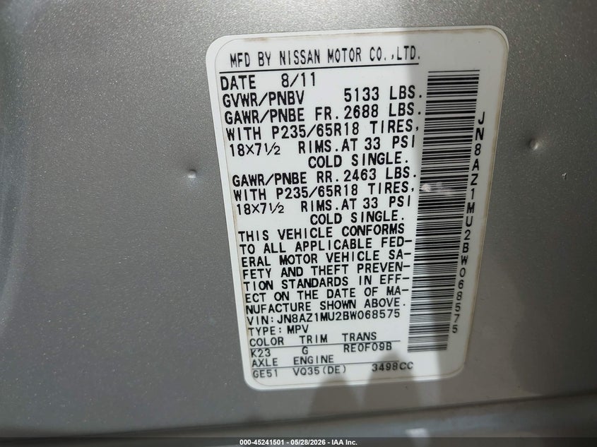 2011 Nissan Murano VIN JN8AZ1MU2BW068575 IAAI salvage auction — REAR END, Clear (Tennessee), sold $25 on 2026-07-30 (photo 9)