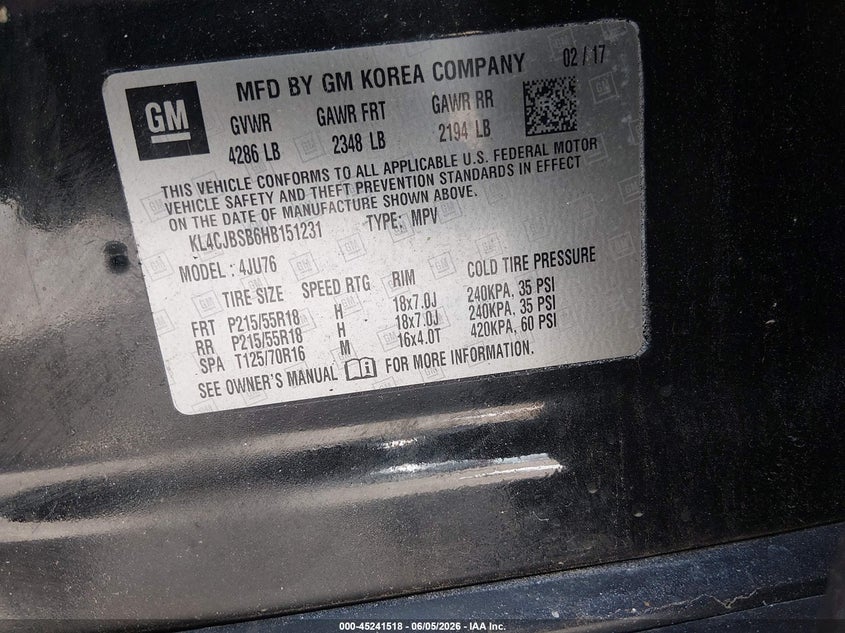 2017 Buick Encore VIN KL4CJBSB6HB151231 IAAI salvage auction — NORMAL WEAR, Salvage Title, sold $525 on 2026-07-22 (photo 9)