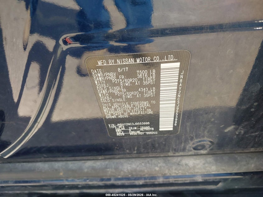 2018 Nissan Armada VIN JN8AY2NC3J9553996 IAAI salvage auction — RIGHT SIDE, Salvage (Iowa), sold $6,050 on 2026-07-14 (photo 9)