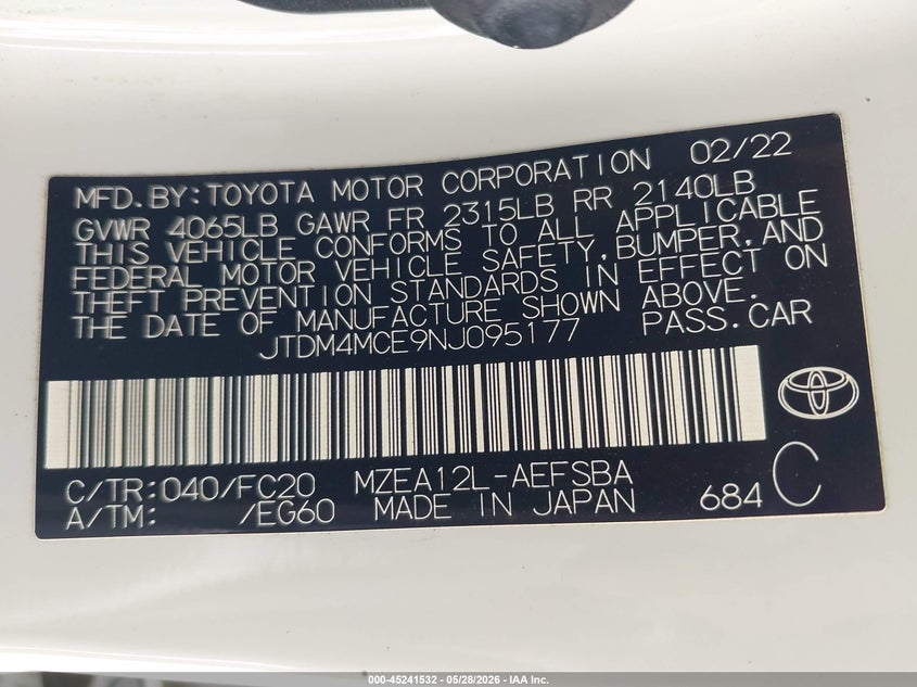 2022 Toyota Corolla VIN JTDM4MCE9NJ095177 IAAI salvage auction — REAR END, Salvage Title, sold $5,750 on 2026-07-08 (photo 9)