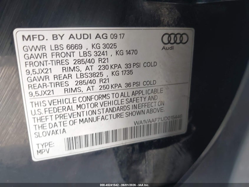 2018 Audi Q7 VIN WA1VAAF71JD015446 IAAI salvage auction — NORMAL WEAR, Original (Texas), sold $5,250 on 2026-07-08 (photo 9)