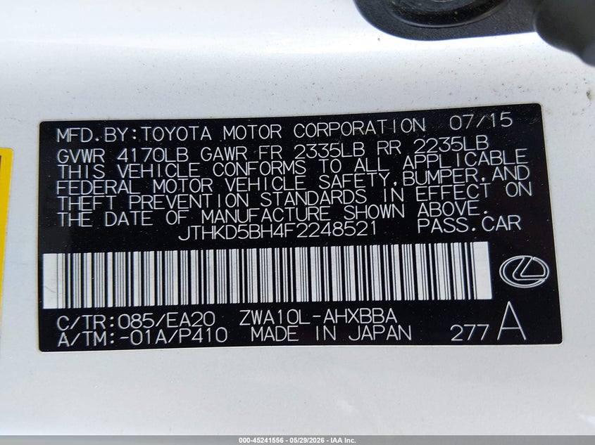 2015 Lexus Ct VIN JTHKD5BH4F2248521 IAAI salvage auction — REAR END, Salvage (Nevada), sold $3,550 on 2026-07-31 (photo 9)